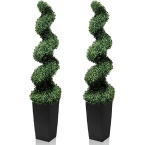 Mavis's Diary 5FT Artificial Spiral Topiary Trees, Set of 2 UV Resistant Faux Boxwood Plants in Square Planter, Indoor Outdoor Fake Shrubs for Front Porch, Entryway, Patio, Home Decor in Saudi Arabia