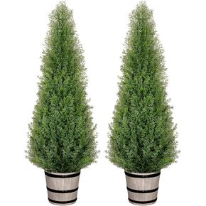 VIVATREES 4FT Artificial Cedar Topiary Trees with Rustic Barrel Planter, Outdoor Indoor Realistic Faux Pine Shrubs Plants, Fake Cypress Trees for Home Offices Porch Decor, Set of 2 in Saudi Arabia