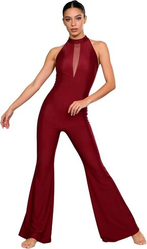 Womens Unitard Dance Costume Sleeveless One Piece Flare Bell-Bottom Jumpsuits for Dance and Workout in Saudi Arabia