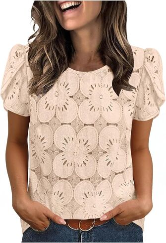 Women Blouses Dressy Casual Petal Short Sleeve Eyelet Lace Tops Spring Summer Crochet Shirts Boho Beach Vacation Clothes in Kuwait