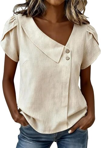 Asymmetric V Neck T Shirts for Women Summer Plus Size Tops Short Sleeve Button Tees 2026 Dressy Casual Blouses in Kuwait