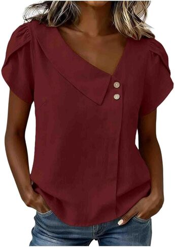 Asymmetric V Neck T Shirts for Women Summer Plus Size Tops Short Sleeve Button Tees 2026 Dressy Casual Blouses in Kuwait