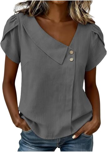 Asymmetric V Neck T Shirts for Women Summer Plus Size Tops Short Sleeve Button Tees 2026 Dressy Casual Blouses in Kuwait