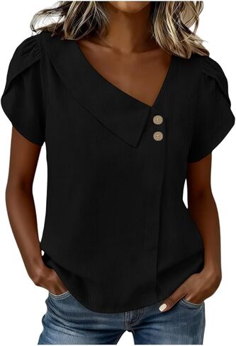 Asymmetric V Neck T Shirts for Women Summer Plus Size Tops Short Sleeve Button Tees 2026 Dressy Casual Blouses in Kuwait