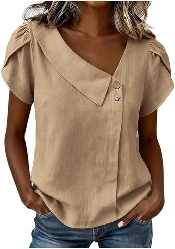 Asymmetric V Neck T Shirts for Women Summer Plus Size Tops Short Sleeve Button Tees 2026 Dressy Casual Blouses in Kuwait