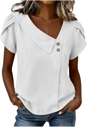 Asymmetric V Neck T Shirts for Women Summer Plus Size Tops Short Sleeve Button Tees 2026 Dressy Casual Blouses in Kuwait
