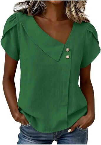 Asymmetric V Neck T Shirts for Women Summer Plus Size Tops Short Sleeve Button Tees 2026 Dressy Casual Blouses in Kuwait
