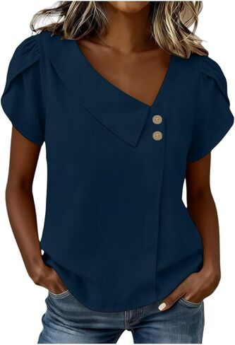 Asymmetric V Neck T Shirts for Women Summer Plus Size Tops Short Sleeve Button Tees 2026 Dressy Casual Blouses in Kuwait