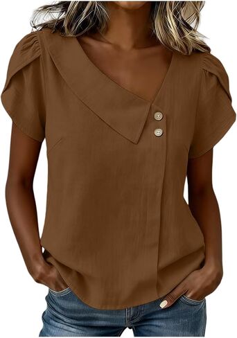 Asymmetric V Neck T Shirts for Women Summer Plus Size Tops Short Sleeve Button Tees 2026 Dressy Casual Blouses in Kuwait