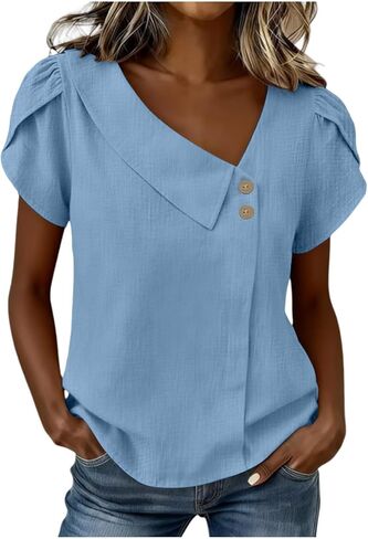 Asymmetric V Neck T Shirts for Women Summer Plus Size Tops Short Sleeve Button Tees 2026 Dressy Casual Blouses in Kuwait