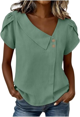 Asymmetric V Neck T Shirts for Women Summer Plus Size Tops Short Sleeve Button Tees 2026 Dressy Casual Blouses in Kuwait