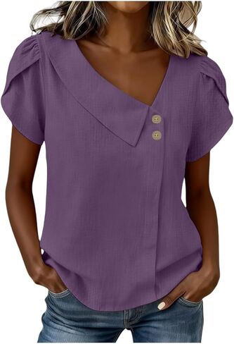 Asymmetric V Neck T Shirts for Women Summer Plus Size Tops Short Sleeve Button Tees 2026 Dressy Casual Blouses in Kuwait