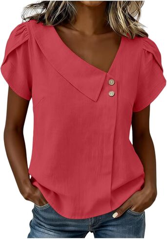 Asymmetric V Neck T Shirts for Women Summer Plus Size Tops Short Sleeve Button Tees 2026 Dressy Casual Blouses in Kuwait