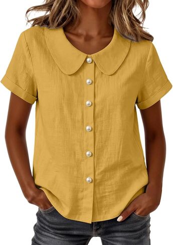 Summer Tops for Women Cotton Linen Shirts Button Down Lightweight Cute Tee Shirts Lapel Collar Loose Blouse Shirt in Kuwait