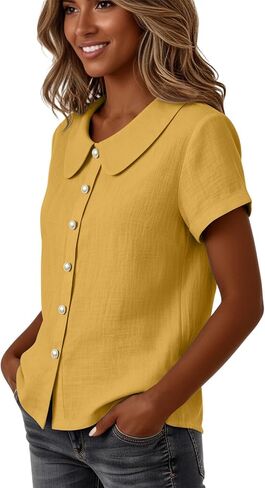 Summer Tops for Women Cotton Linen Shirts Button Down Lightweight Cute Tee Shirts Lapel Collar Loose Blouse Shirt in Kuwait