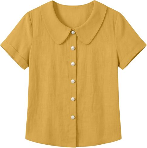 Summer Tops for Women Cotton Linen Shirts Button Down Lightweight Cute Tee Shirts Lapel Collar Loose Blouse Shirt in Kuwait