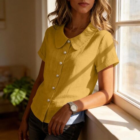 Summer Tops for Women Cotton Linen Shirts Button Down Lightweight Cute Tee Shirts Lapel Collar Loose Blouse Shirt in Kuwait