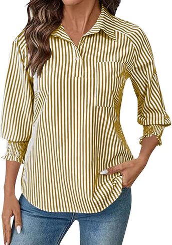 Women’s Striped Button Down Shirt Long Sleeve Collared Office Work Blouses Office Work Loose Fit Tops with Pocket in Saudi Arabia