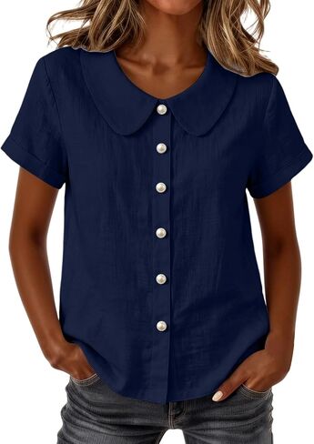Summer Tops for Women Cotton Linen Shirts Button Down Lightweight Cute Tee Shirts Lapel Collar Loose Blouse Shirt in Kuwait