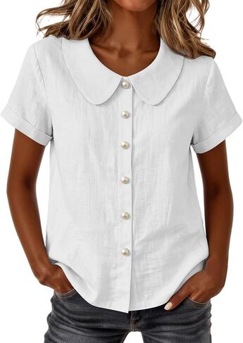 Summer Tops for Women Cotton Linen Shirts Button Down Lightweight Cute Tee Shirts Lapel Collar Loose Blouse Shirt in Kuwait