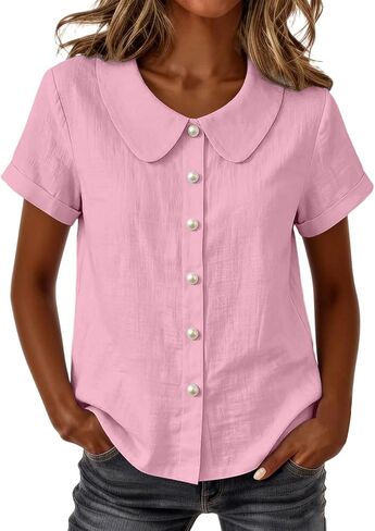 Summer Tops for Women Cotton Linen Shirts Button Down Lightweight Cute Tee Shirts Lapel Collar Loose Blouse Shirt in Kuwait