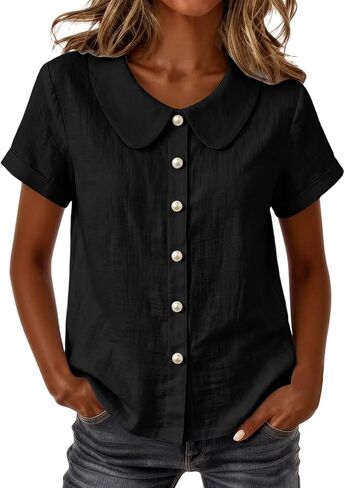 Summer Tops for Women Cotton Linen Shirts Button Down Lightweight Cute Tee Shirts Lapel Collar Loose Blouse Shirt in Kuwait