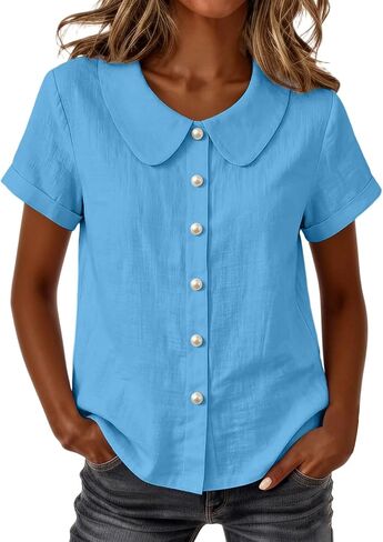 Summer Tops for Women Cotton Linen Shirts Button Down Lightweight Cute Tee Shirts Lapel Collar Loose Blouse Shirt in Kuwait