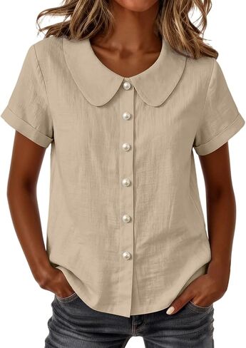 Summer Tops for Women Cotton Linen Shirts Button Down Lightweight Cute Tee Shirts Lapel Collar Loose Blouse Shirt in Kuwait