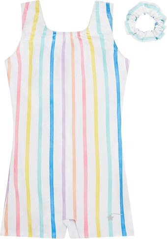 Destira Girls Gymnastics Unitard - Candy Stripes Sleeveless Biketard Rainbow Pastel Activewear, Matching Scrunchie Included in Kuwait