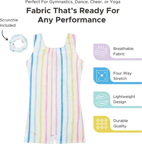 Destira Girls Gymnastics Unitard - Candy Stripes Sleeveless Biketard Rainbow Pastel Activewear, Matching Scrunchie Included in Kuwait