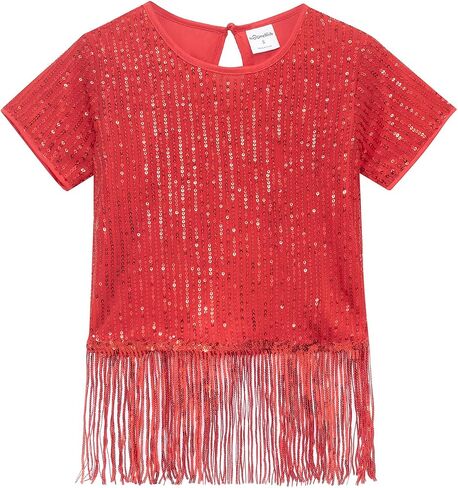 Noomelfish Girls Sequin Fringe Crop Tops Kids Short Sleeve Tassel Sparkly Glitter Dance Party T-Shirts (5-14 Years) in Kuwait