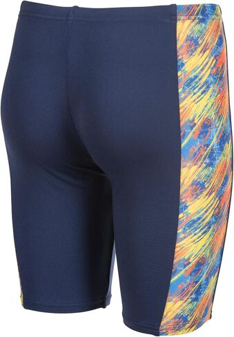 ARENA Performance Boys' Junior Draft Swim Jammer Youth Trunks Internal Drawstring Training Bathing Suit Regular Frequent Competitive Swimmer, Navy Blue/Orange Multi, US Size 8-10 Jr/26 in Kuwait