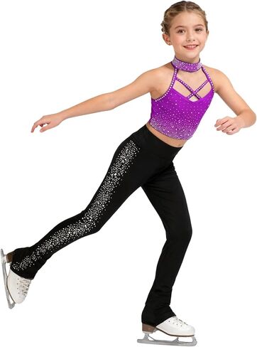 JEATHA Kids Girls Ice Figure Skating Costume Gymnastics Outfit 2 Piece Rhinestone Cropped Tops And Leggings Set Purple 6 Years in Saudi Arabia
