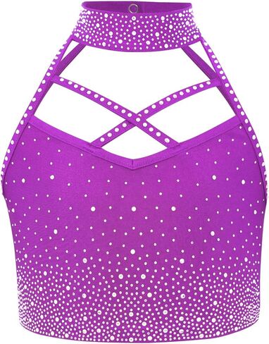JEATHA Kids Girls Ice Figure Skating Costume Gymnastics Outfit 2 Piece Rhinestone Cropped Tops And Leggings Set Purple 6 Years in Saudi Arabia