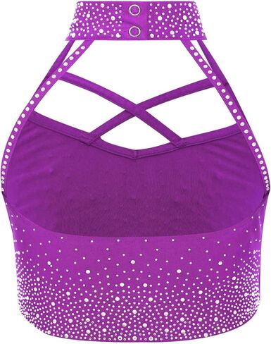 JEATHA Kids Girls Ice Figure Skating Costume Gymnastics Outfit 2 Piece Rhinestone Cropped Tops And Leggings Set Purple 6 Years in Saudi Arabia