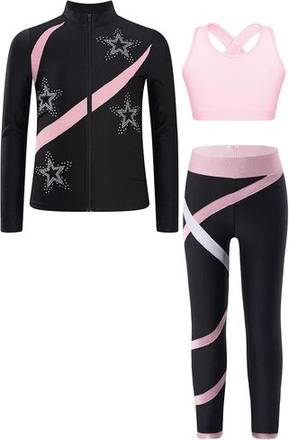 easyforever 3pcs Kids Girls Figure Skating Sports Costume Rhinestone Long Sleeve Zipper Sweatshirt Pants And Vest in Saudi Arabia