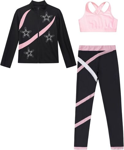 easyforever 3pcs Kids Girls Figure Skating Sports Costume Rhinestone Long Sleeve Zipper Sweatshirt Pants And Vest in Saudi Arabia