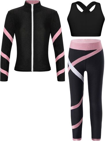 YiZYiF Kids Girls 3pcs Figure Ice Skating Training Suit Long Sleeve Jacket Sleeveless Crop Tops with Skating Pants Set in Saudi Arabia