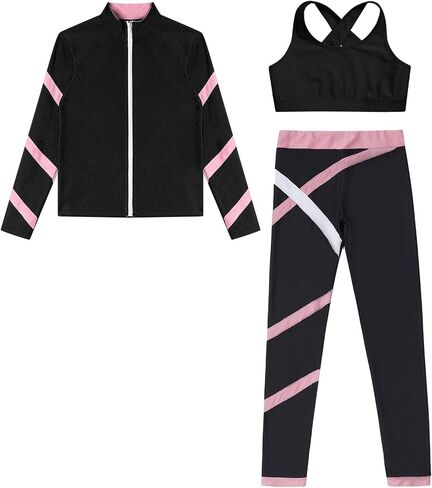 YiZYiF Kids Girls 3pcs Figure Ice Skating Training Suit Long Sleeve Jacket Sleeveless Crop Tops with Skating Pants Set in Saudi Arabia