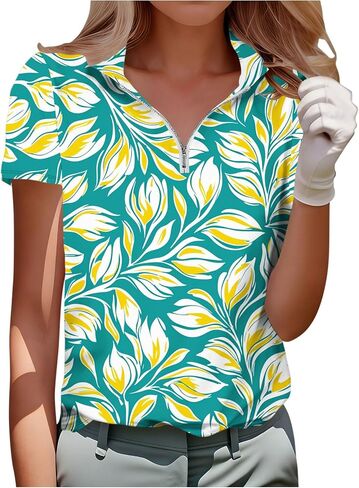 Womens Short Sleeve Golf Tennis Shirts Zip Up Casual Summer Athletic Workout Tops Tee Solid/Floral for Office Vacation in Kuwait