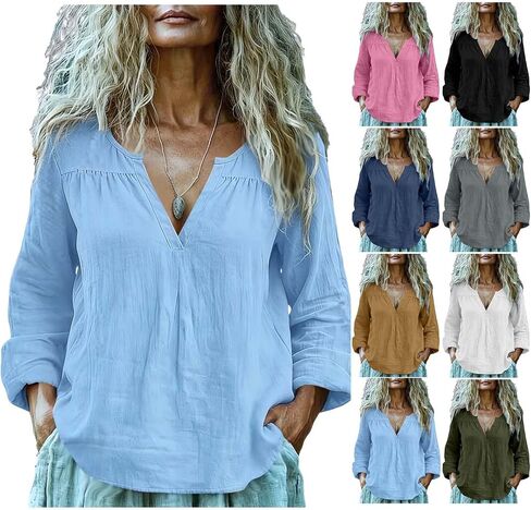 Lightweight Long Sleeve Shirts for Women Summer Cotton Linen Gauze Blouses V Neck Tshirts Pleated Shirt Sun Shirts in Kuwait
