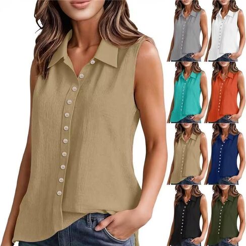 Cotton Gauze Tank Tops for Women Sleeveless Collared Linen Shirts Button Up Blouses Work Shirts Casual Summer Tshirt in Kuwait