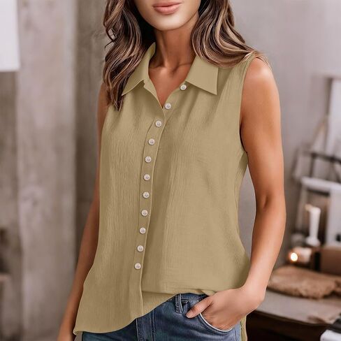 Cotton Gauze Tank Tops for Women Sleeveless Collared Linen Shirts Button Up Blouses Work Shirts Casual Summer Tshirt in Kuwait