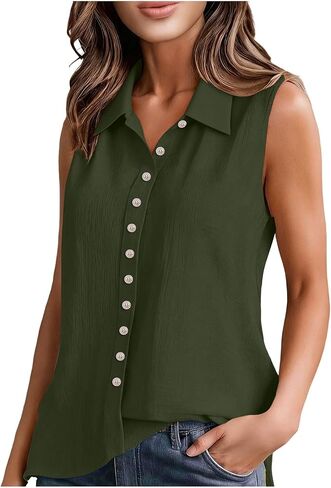Cotton Gauze Tank Tops for Women Sleeveless Collared Linen Shirts Button Up Blouses Work Shirts Casual Summer Tshirt in Kuwait