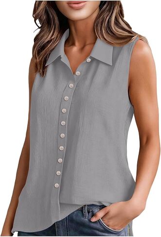 Cotton Gauze Tank Tops for Women Sleeveless Collared Linen Shirts Button Up Blouses Work Shirts Casual Summer Tshirt in Kuwait