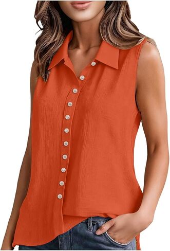 Cotton Gauze Tank Tops for Women Sleeveless Collared Linen Shirts Button Up Blouses Work Shirts Casual Summer Tshirt in Kuwait