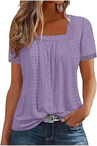 Eyelet Tops for Women Summer Lace Trim Short Sleeve Square Neck Blouse Dressy Casual Pleated Front Going Out Shirts in Kuwait