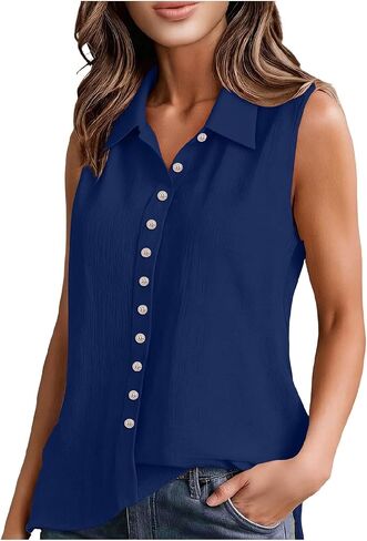 Cotton Gauze Tank Tops for Women Sleeveless Collared Linen Shirts Button Up Blouses Work Shirts Casual Summer Tshirt in Kuwait