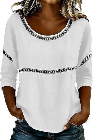 Women's Elegant Lace Patchwork Linen Shirt 3/4 Sleeve Crochet Tunic Tops Summer Casual Lightweight Going Out Blouses in Kuwait