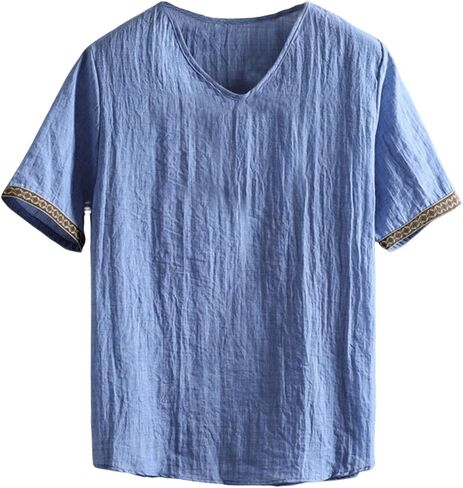 Linen Shirts for Men Pajamas Summer Casual Short Sleeve V Neck Blouse Lightweight Comfy Lounge Shirts for Daily Look in Kuwait